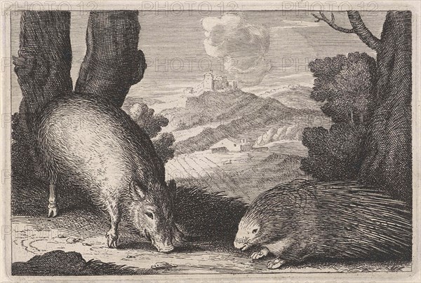 Landscape with wild boar and porcupine, Anonymous, 1623 - 1705