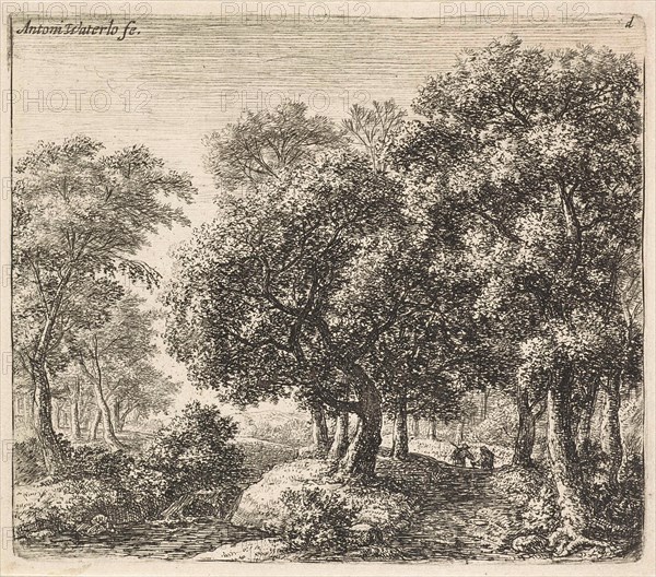 Two figures on a forest path, Anthonie Waterloo, 1630 - 1663