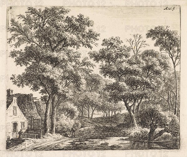 Buildings along a forest trail, Anthonie Waterloo, Cornelis Danckerts (II), Josua & Reinier II Ottens, 1630 - 1663