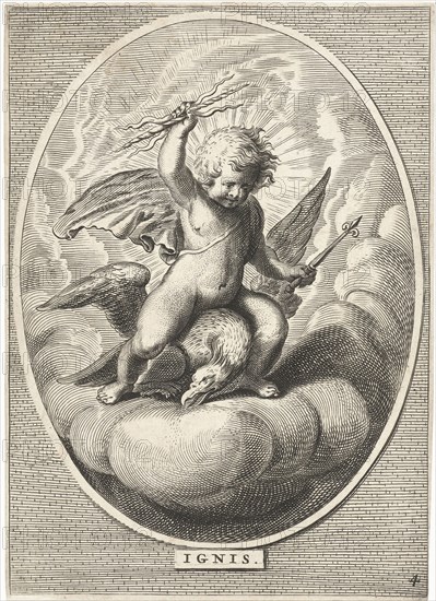 Element fire as a child with lightning bolts on back of eagle, Cornelis van Dalen II, Anonymous, Abraham van Diepenbeeck, 1648-1706