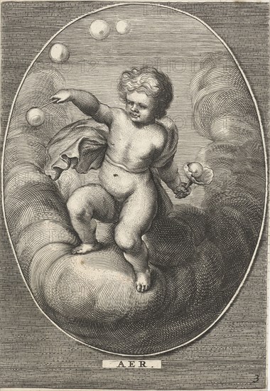 Element air as a child blowing bubbles on cloud, Cornelis van Dalen (II), Anonymous, Abraham van Diepenbeeck, 1648 - 1706