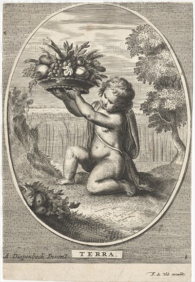 Element earth as a child with bowl of fruit and vegetables for cornfield in oval, Cornelis van Dalen II, Anonymous, Frederik de Wit, 1648 - 1706