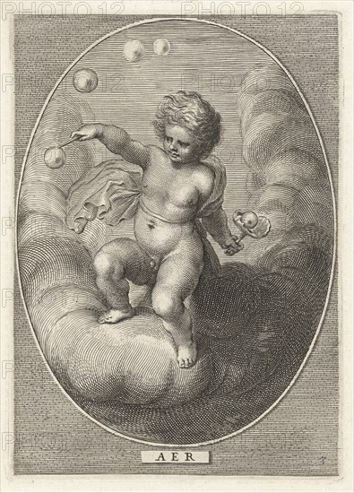 Element air as a child blowing bubbles on cloud, Cornelis van Dalen (II), Abraham van Diepenbeeck, Nicolaes Visscher (I), 1648 - 1665
