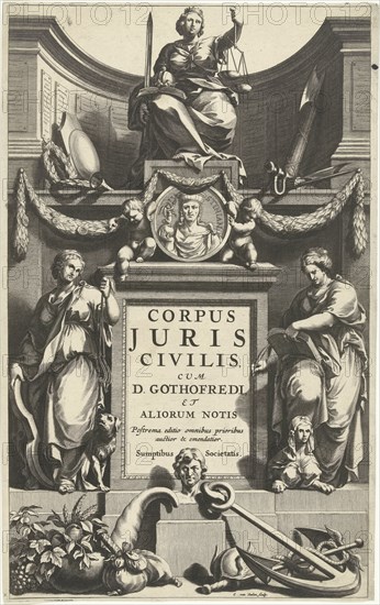 Justice enthroned above portrait of Justinian on base with title flanked by Temperance and Prudence, Cornelis van Dalen I, Franciscus Hackius, Lowijs Elzevier III and Daniel, 1663
