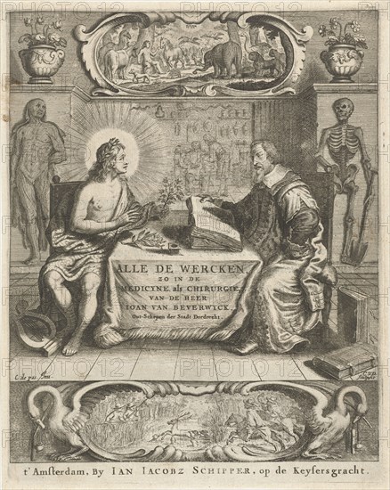 Physician Johan Beverwijk studying books about Apollo at the table in interior, Cornelis van Dalen (I), Jan Jacobsz Schipper, 1612 - 1656