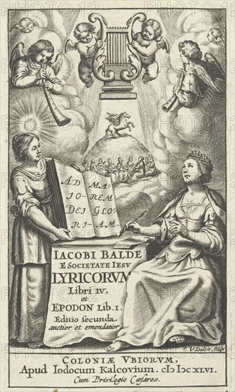 Female writes and draws inspiration from muses while angels playing musical instruments, Cornelis van Dalen (I), Jost Kalckhoven, Keizer, 1646