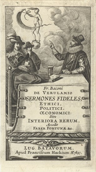Four men at table with hourglass and floating in the air at Fortune globe, Cornelis van Dalen (I), Franciscus Hackius, 1641