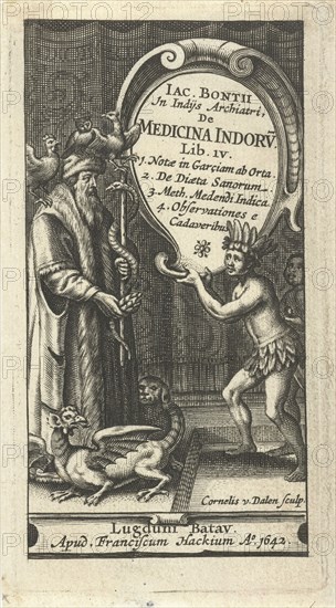 Physician with staff wrapped by snake and pomegranate, birds and dragon, Cornelis van Dalen I, Franciscus Hackius, 1642