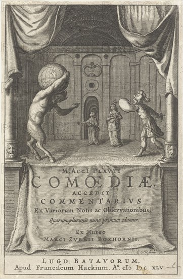 Scenic with satyr that world globe on shoulders and soldier who threatens levied sword, Cornelis van Dalen (I), Franciscus Hackius, 1645