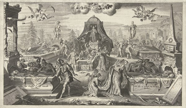 Men and women look in the opened tombs of historical figures, Cornelis van Dalen I, 1655