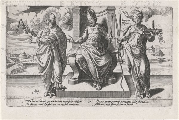 Corrupt rulers and the Spanish Inquisition commit murder, print maker: Dirck Volckertsz Coornhert, Adriaan de Weerdt, Hendrick Hondius I, 1604