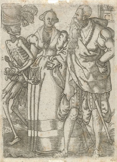 Couple with Death, print maker: Monogrammist AC, print maker: Allaert Claesz. possibly, Tobias Stimmer possibly, 1562