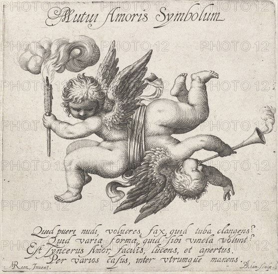 Two times Amor connected by a ribbon with eachother, print maker: Boëtius Adamsz. Bolswert, M. Reen, 1590 - 1633
