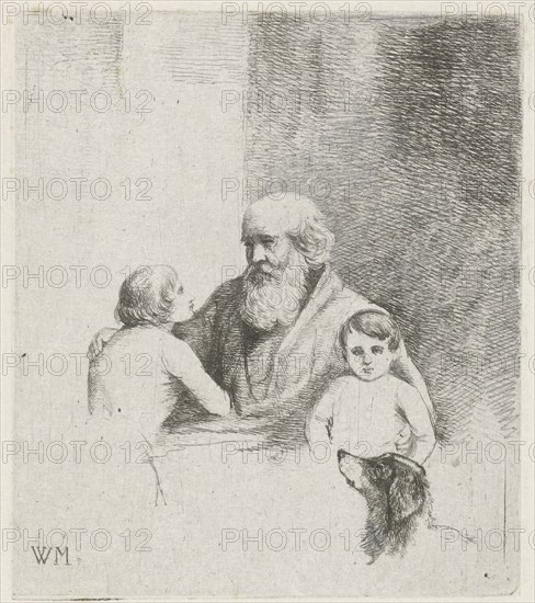 Old man with two kids and a dog, Christiaan Wilhelmus Moorrees, 1811 - 1867