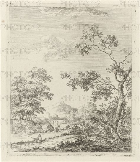 Landscape with fisherman, print maker: Johannes Janson, 1761 - 1784