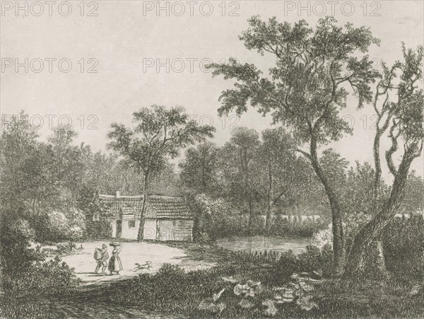 Man and woman at a house on the water, print maker: Hermanus Jan Hendrik van Rijkelijkhuysen, 1823 - 1883