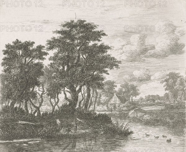 River landscape with an angler, Hermanus Jan Hendrik van Rijkelijkhuysen, Meindert Hobbema, 1823 - 1883