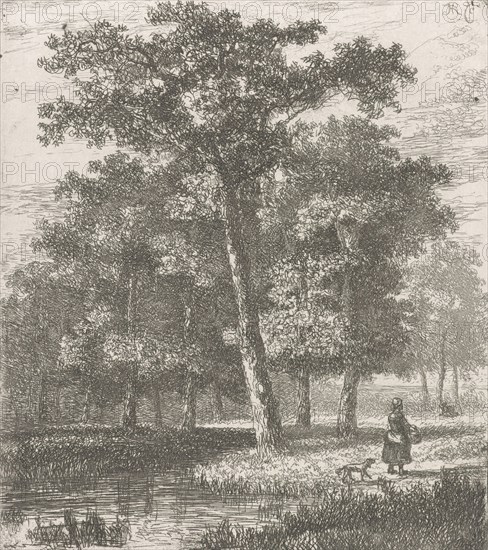 forest scene with a woman and a dog at a lake, Hermanus Jan Hendrik van Rijkelijkhuysen, 1823 - 1883