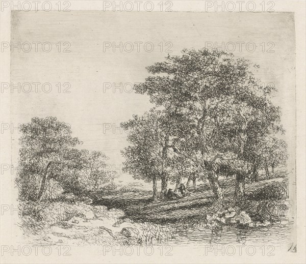 Wooded landscape with two men conversing, print maker: Hermanus Jan Hendrik van Rijkelijkhuysen, 1823 - 1883