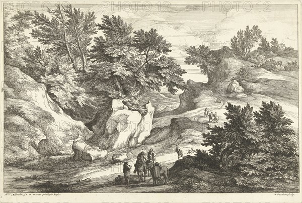 Landscape with two riders who ask the way, Adriaen Frans Boudewyns, Adam Frans van der Meulen, Louis XIV King of France, 1666-1674