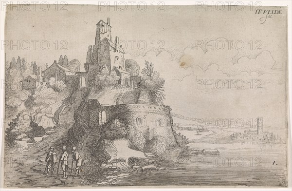 Figures at a fort in a river landscape, Jan van de Velde (II), 1603 - 1641