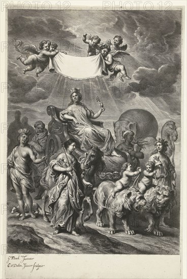 Female personification of Geography on chariot and continents America, Africa, Asia and Europe, Cornelis van Dalen II, 1648-1664