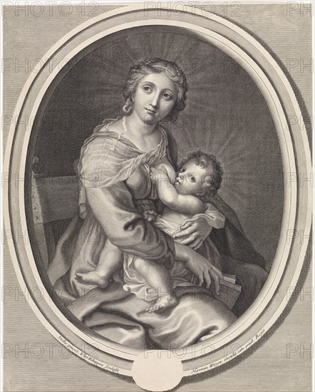 Mary gives the Christ Child breast feeding, print maker: Pieter van Schuppen, Stella, Hermann Weyen, 1655 - 1672