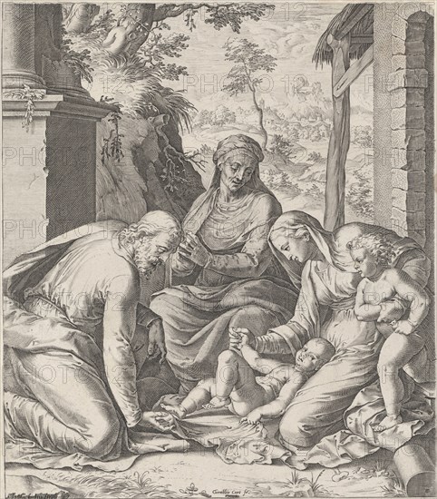 Holy Family with Anna and Johannes the Baptist as a child, Cornelis Cort, Federico Zuccaro, Antonio Lafreri, c. 1570 - c. 1577