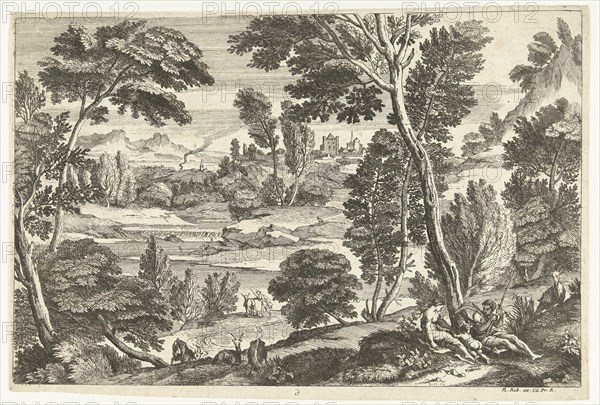 Family in landscape, print maker: Nicolas Guérard, Adriaen van der Kabel, N. Robert, 1648 - 1718