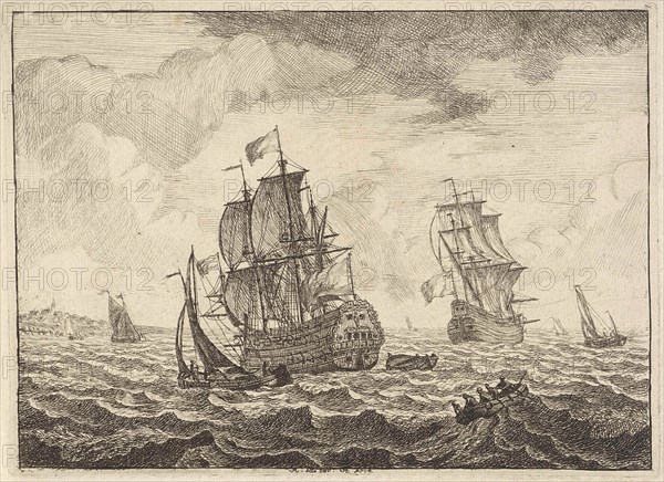 Seascape with two three masters, Adam Silo, 1689 - 1760