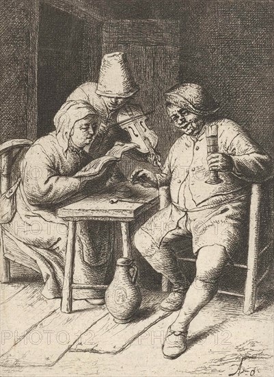 Violin Player and a singing man and woman, print maker: Adriaen van Ostade, Adriaen van Ostade, 1651 - 1655