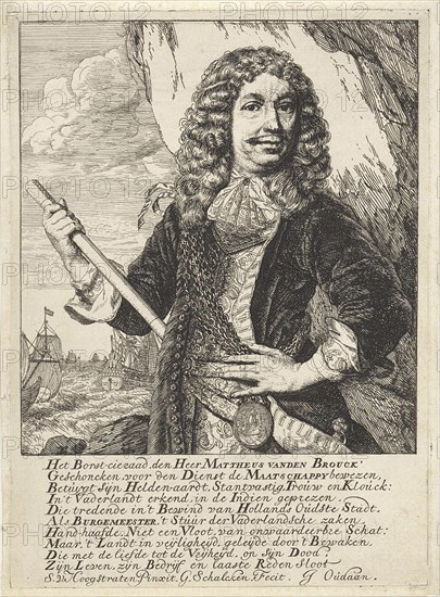 Portrait of the Dordrecht mayor and Admiral Mattheus van den Broucke chest with a jewel and a baton, behind him, a rock wall and a choppy sea with a fleet, print maker: Godfried Schalcken (mentioned on object), Dating 1660 - 1680