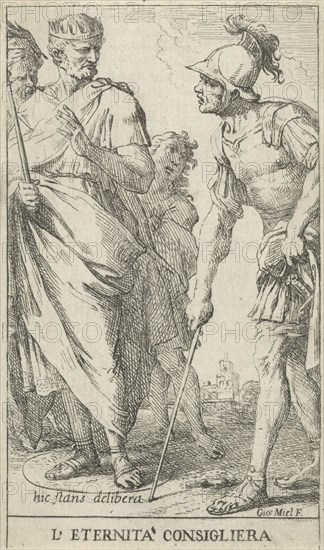 Roman consul Popilius Laenas draws a circle in the sand at the feet of King Antiochus IV Epiphanes, print maker: Jan Miel (mentioned on object), Dating 1633 - 1664