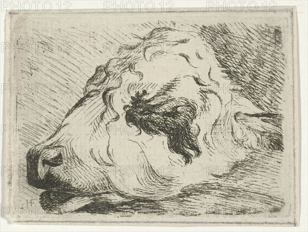 Head of a calf, in profile, resting on a beam, Hermanus Fock, 1781 - 1822