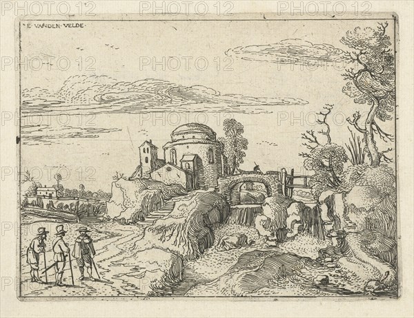 Bridge over waterfall next round building with a dome, Esaias van de Velde, 1615