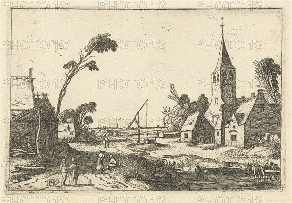 Village view with farms, church and well, print maker: Esaias van de Velde, Esaias van de Velde, 1614