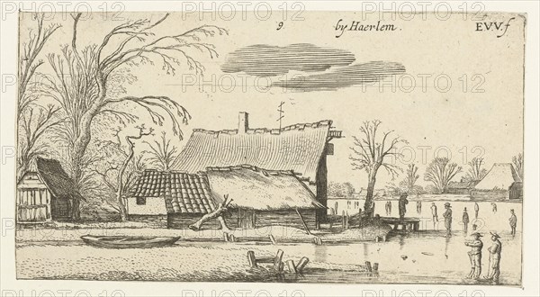 Farm in a frozen river with skaters, Esaias van de Velde, Anonymous, 1616