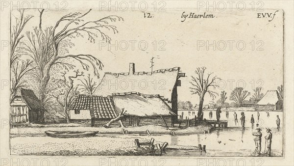 Farm in a frozen river with skaters, Esaias van de Velde, 1616