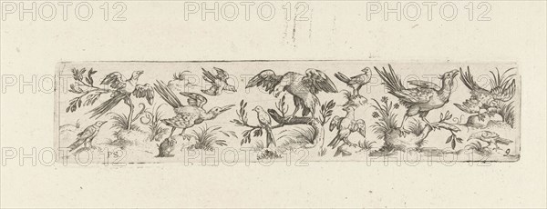 Frieze with eleven birds, in the middle is a large bird on a branch, print maker: Pieter Serwouters, Hans Collaert I, Marcus Geeraerts, c. 1607