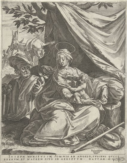 Rest on the Flight into Egypt, print maker: Cornelis Cort, Bernardino Passeri, 1576