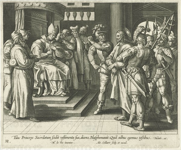 Christ before Caiaphas, print maker: Adriaen Collaert, Maerten de Vos, 1598 - 1618
