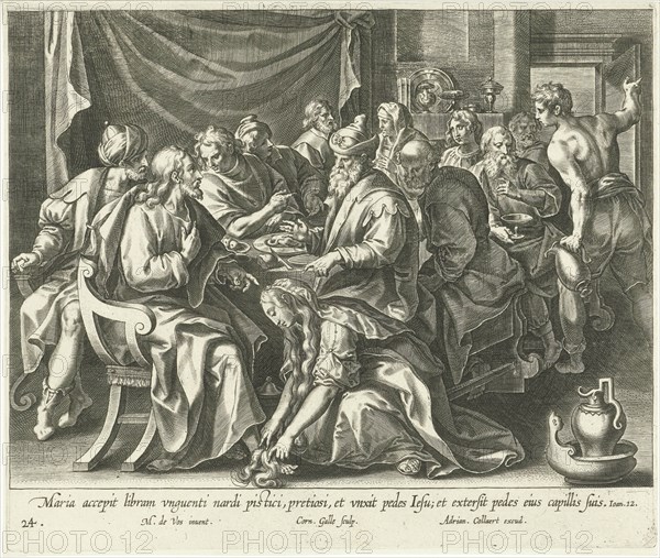 Mary Magdalene washes the feet of Christ, print maker: Cornelis Galle I, Maerten de Vos, 1598 - 1618