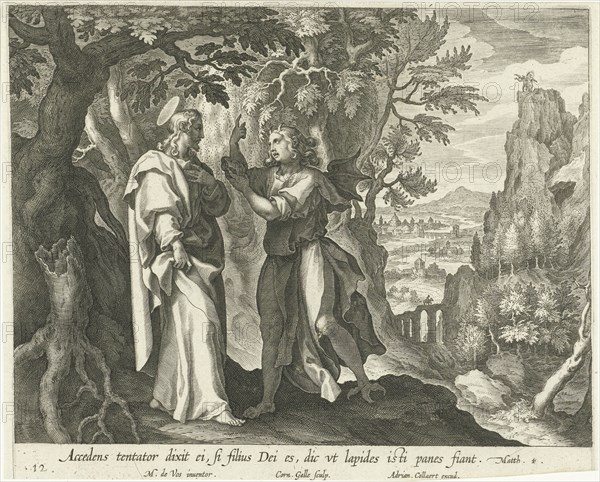 Temptation of Christ in the Desert, print maker: Cornelis Galle I, Maerten de Vos, 1598 - 1618