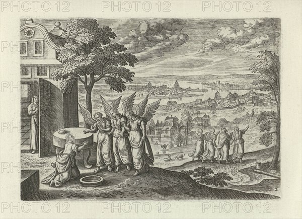 Landscape with Abraham and the Three Angels, Julius Goltzius, Hans Bol, J. Janssonius, c. 1560 - 1595