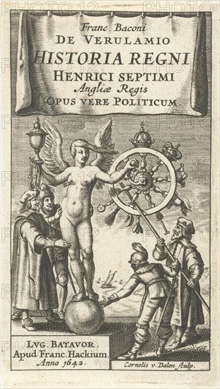 Naked Fortuna globe rotates the wheel of fortune around, print maker: Cornelis van Dalen I, Franciscus Hackius, 1642