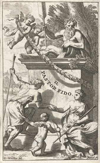 Title page for U.K. Guarini, Il pastor fido, print maker: Abraham Bloteling, Zacharias Webber II, Pierre Marteau possibly, 1670 - 1690