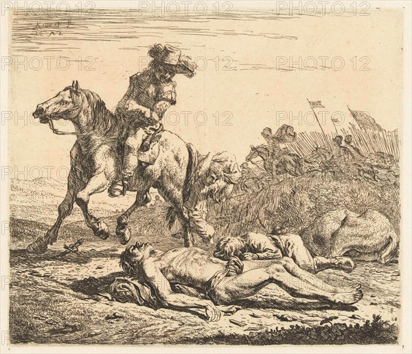 Battlefield soldier on horseback and two deaths, print maker: Karel Dujardin, 1652