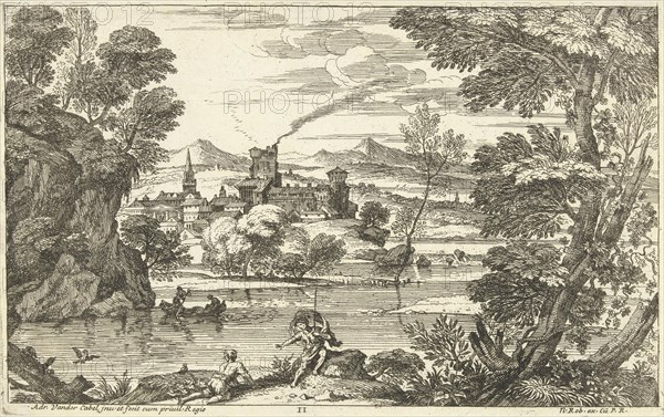Landscape with man waving mantle, Adriaen van der Kabel, 1648 - 1705