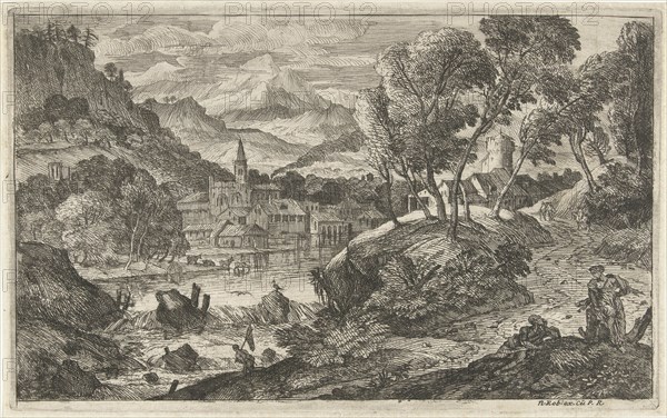 Landscape with waterfall and village, Adriaen van der Kabel, N. Robert, Lodewijk XIV (koning van Frankrijk), 1648 - 1705