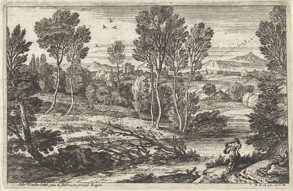 Landscape with woman walking along river, print maker: Adriaen van der Kabel, N. Robert, 1648 - 1705